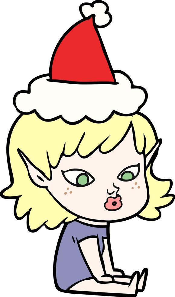 bel disegno di una ragazza elfo che indossa il cappello di Babbo Natale vettore