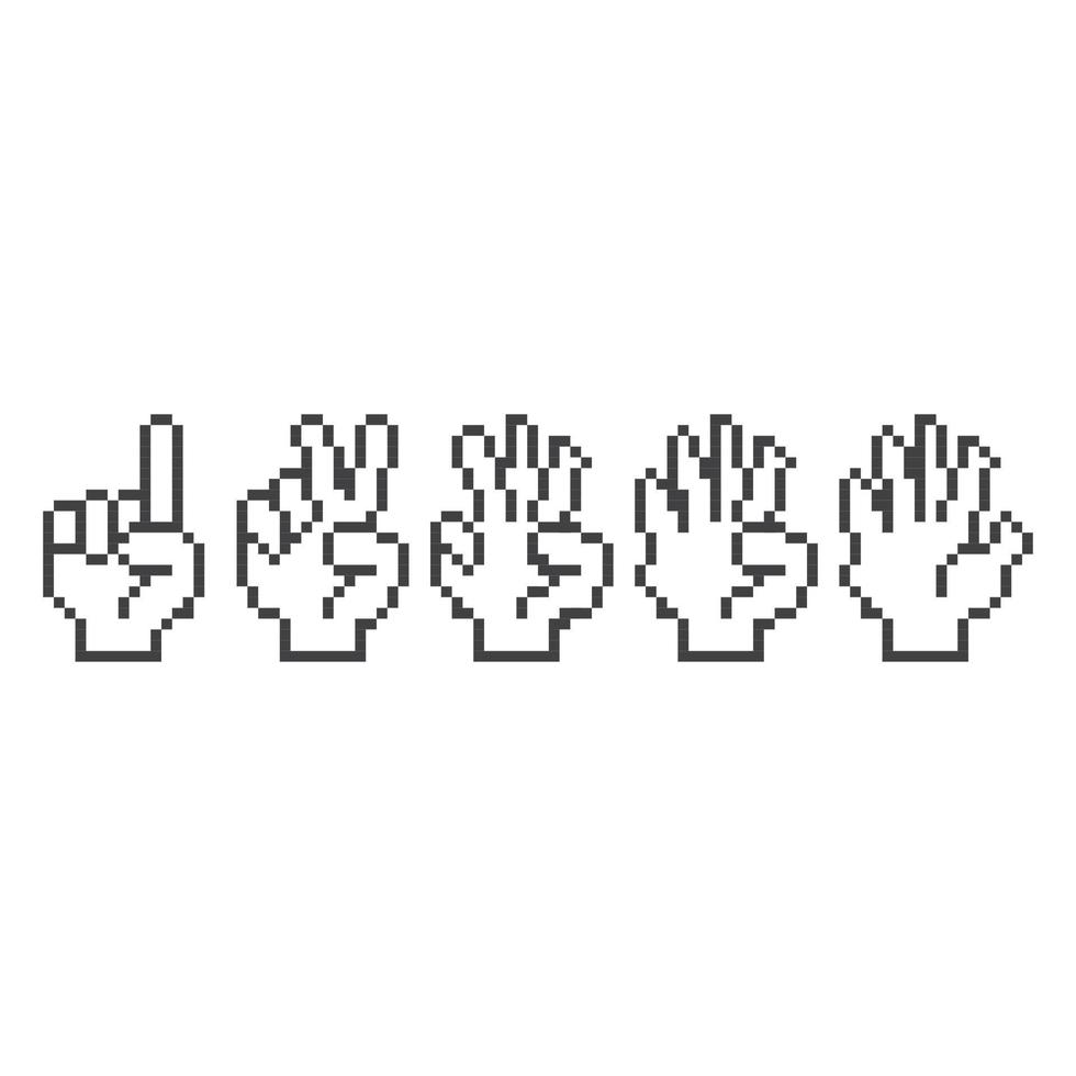 conteggio delle mani, mano dei gesti uno, due, tre, quattro, cinque, conteggio fino a cinque. illustrazione dell'icona vettoriale dell'icona della linea pixel art