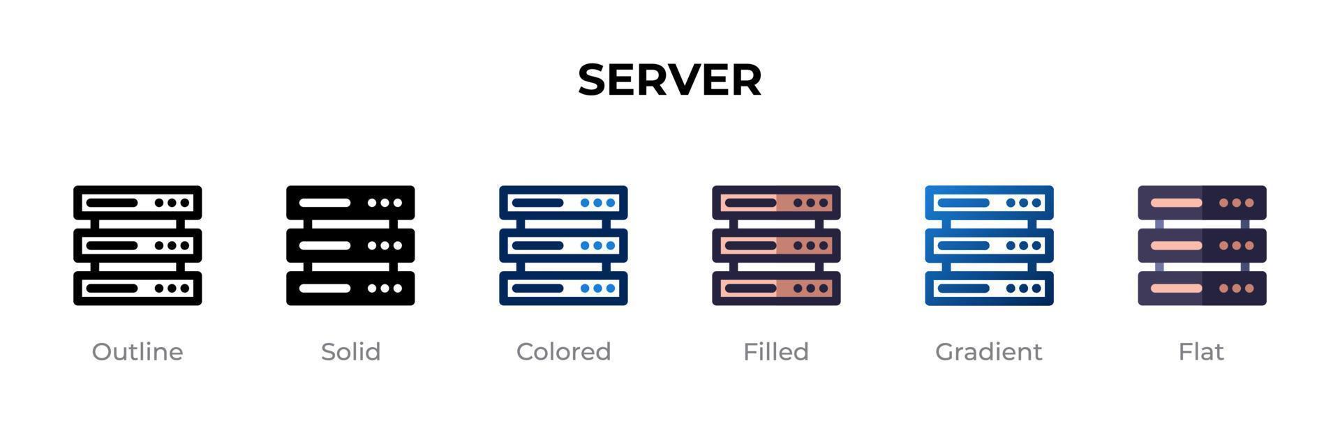 icona del server in uno stile diverso. icone vettoriali del server progettate in stile contorno, solido, colorato, pieno, sfumato e piatto. simbolo, illustrazione del logo. illustrazione vettoriale