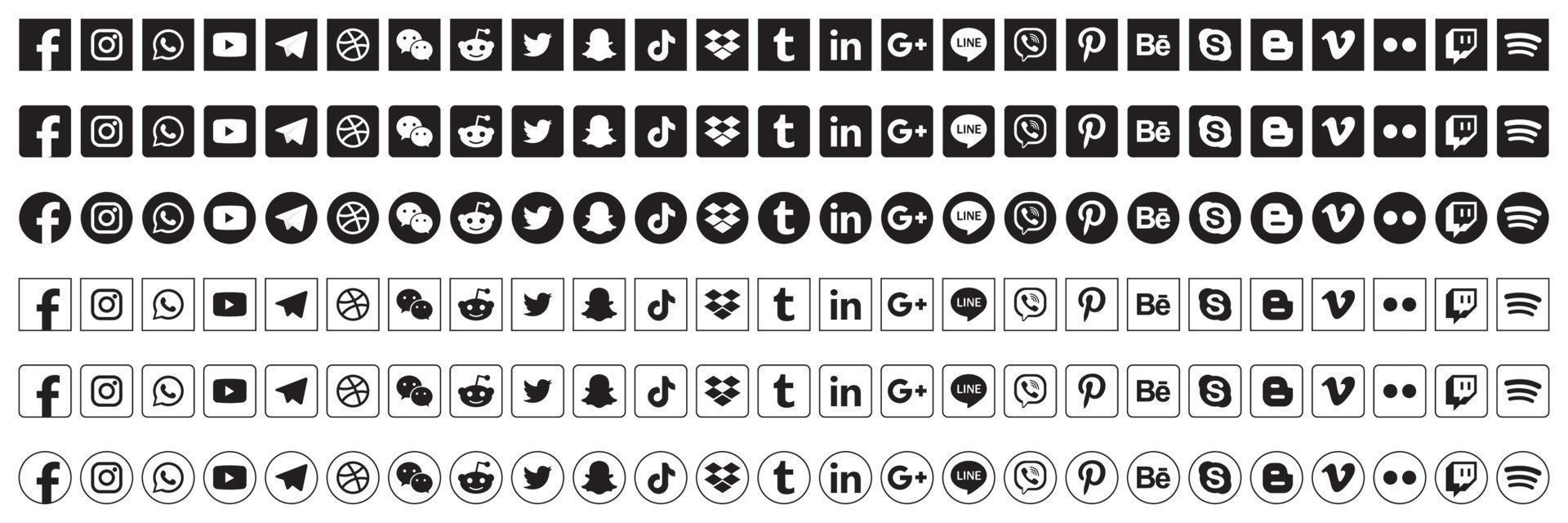 imposta le icone dei social media popolari. facebook, instagram, twitter, youtube, pinterest, behance, google, linkedin, whatsap, snapchat e molti altri. illustrazione vettoriale editoriale