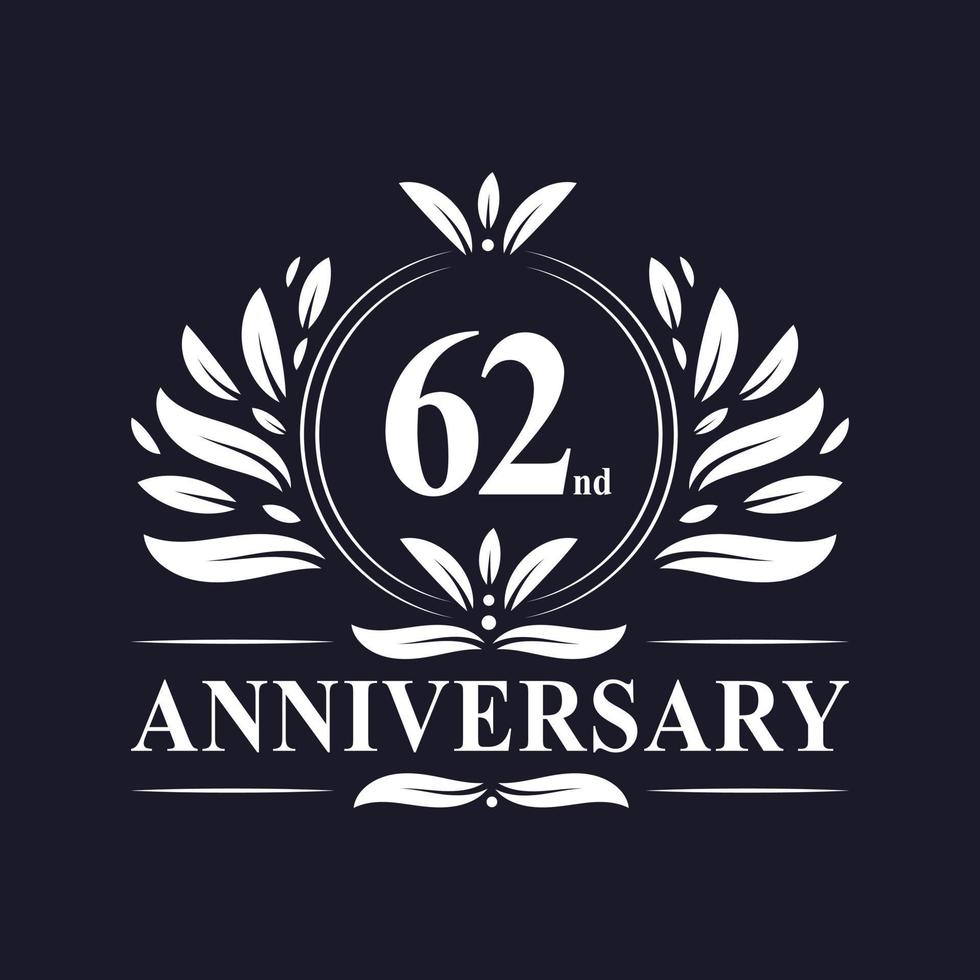 Logo dell'anniversario di 62 anni, lussuosa celebrazione del design del 62° anniversario. vettore