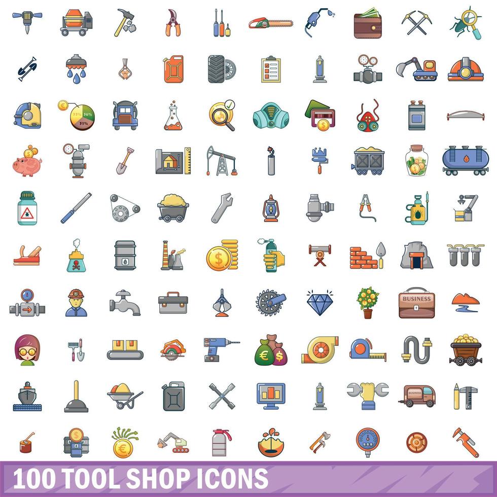 100 set di icone del negozio di strumenti, stile cartone animato vettore