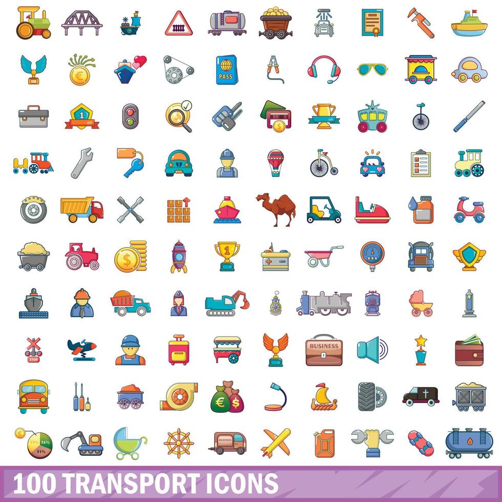 100 icone di trasporto impostate, stile cartone animato vettore