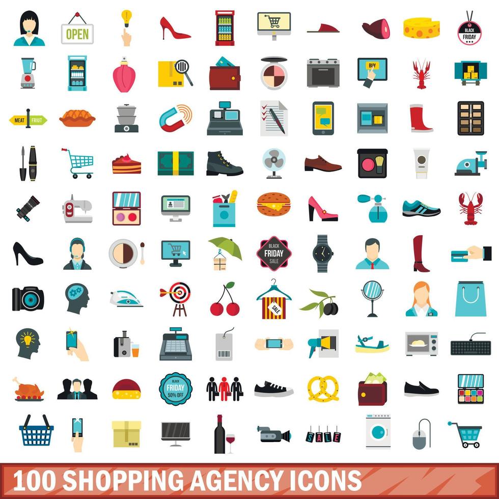 100 set di icone di agenzia di shopping, stile piatto vettore