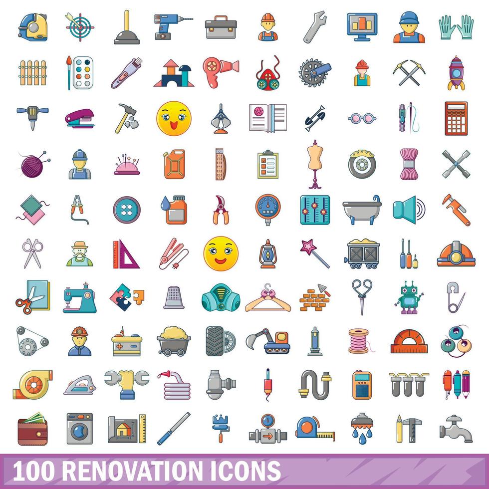 100 icone di ristrutturazione impostate, stile cartone animato vettore