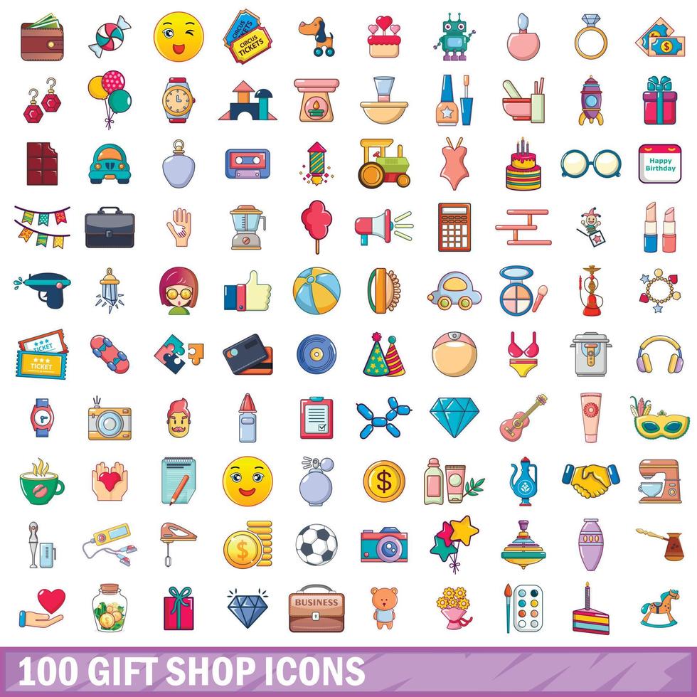 100 set di icone del negozio di articoli da regalo, stile cartone animato vettore