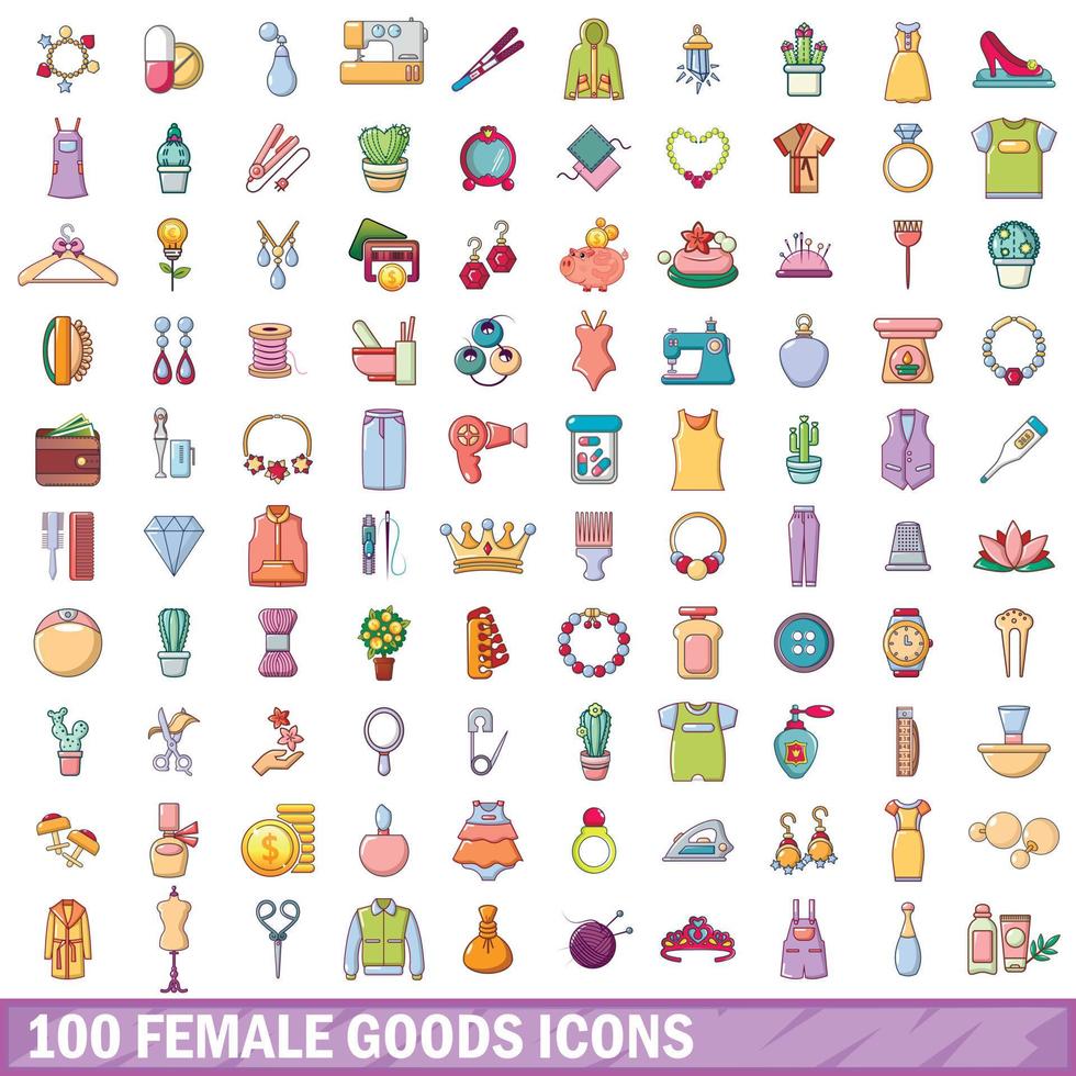 100 set di icone di merci femminili, stile cartone animato vettore