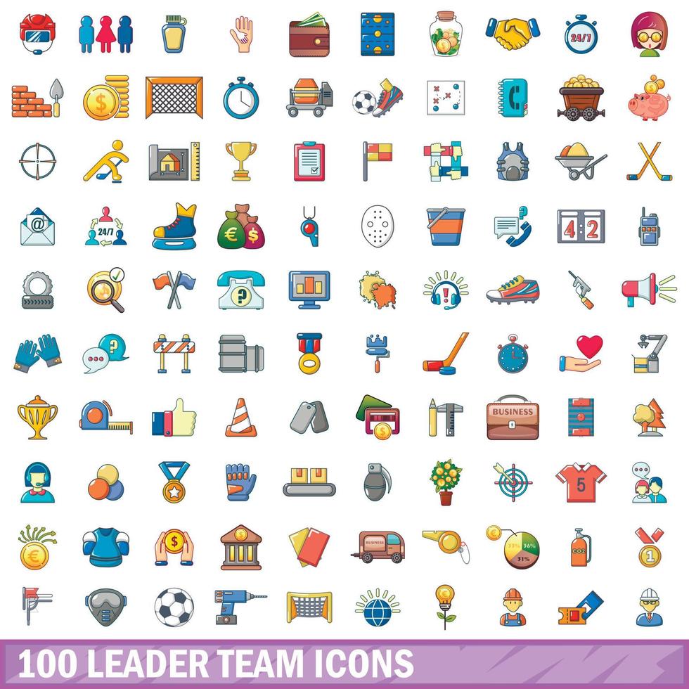 100 icone del team leader, stile cartone animato vettore