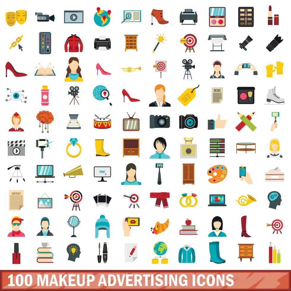 100 set di icone pubblicitarie per il trucco, stile piatto vettore