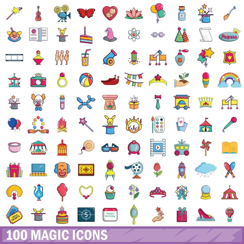 100 icone magiche impostate, stile cartone animato vettore