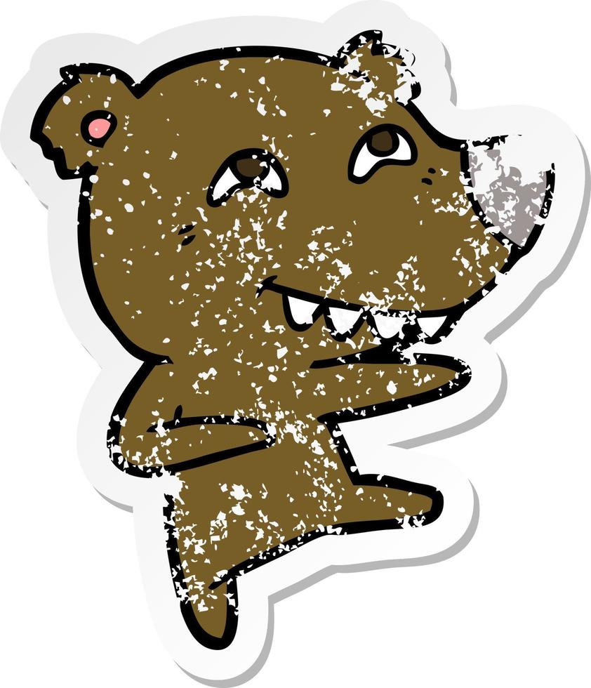 adesivo angosciato di un orso cartone animato che mostra i denti mentre balla vettore