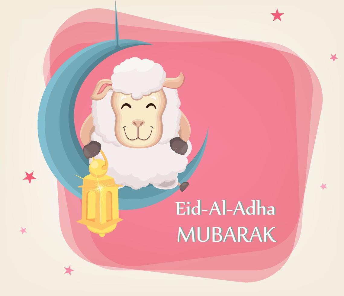 festa del sacrificio eid al-adha. tradizionale festa della mussola. biglietto di auguri con pecora divertente che tiene lanterna dorata e seduta sulla luna. vettore