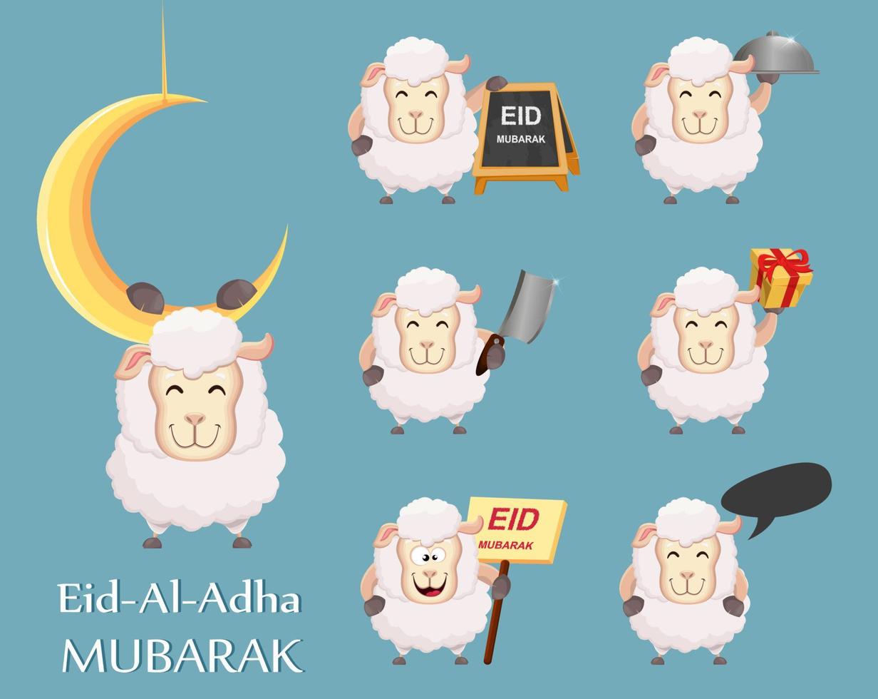 festa del sacrificio eid al-adha. tradizionale festa della mussola. set di pecore divertenti. vettore