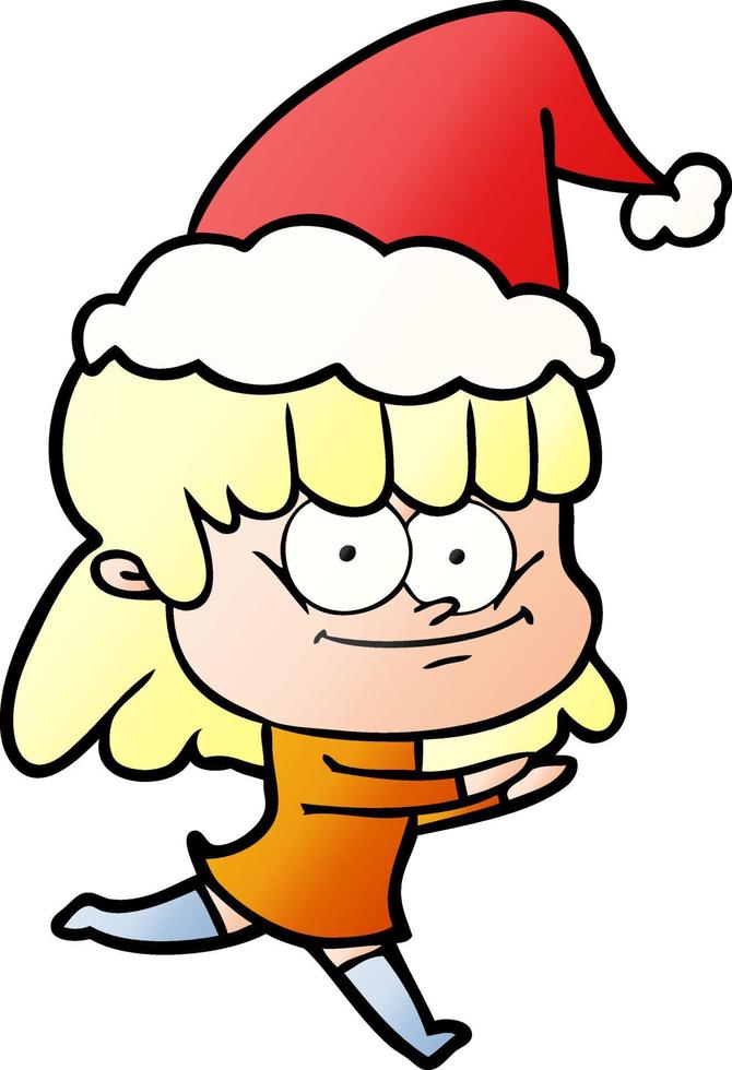 cartone animato sfumato di una donna sorridente che indossa il cappello di Babbo Natale vettore