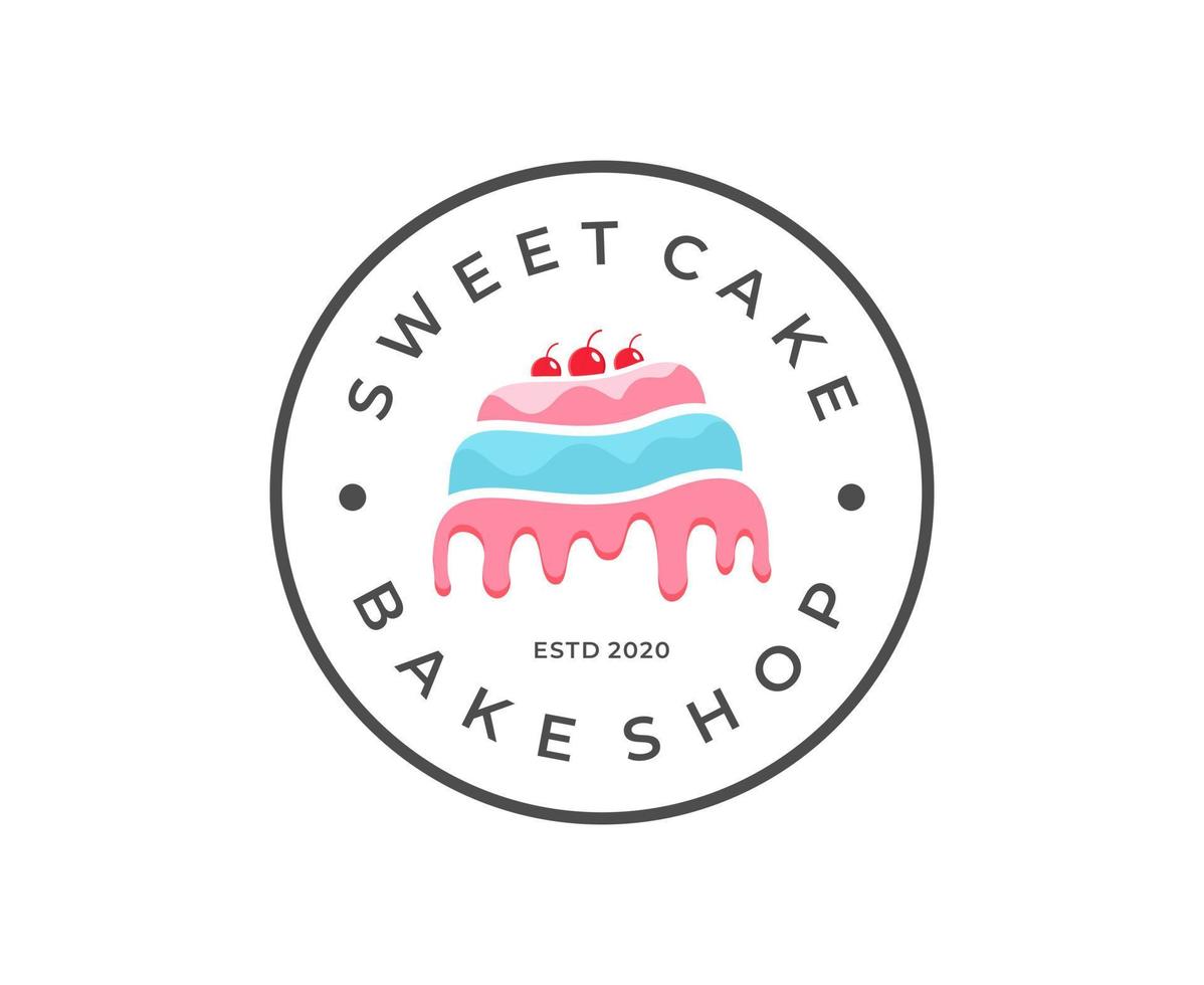 modello di progettazione del logo del negozio di dolci. vettore di torta con ciliegie con badge, emblema design