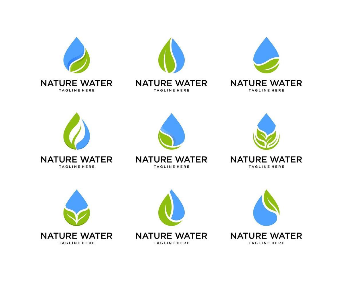 set di logo a goccia e foglia. modello di progettazione del logo dell'acqua della natura vettore