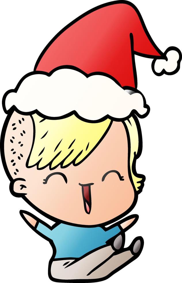 cartone animato sfumato di una ragazza felice hipster che indossa il cappello di Babbo Natale vettore