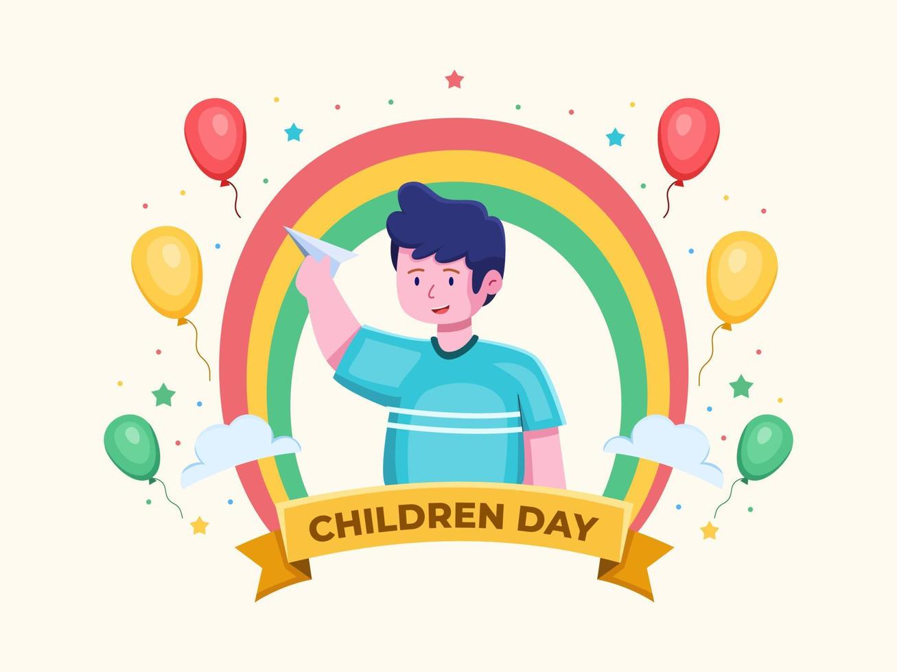 illustrazione della giornata internazionale dei bambini con un bambino che gioca un aeroplano di carta e con palloncino, sfondo arcobaleno. può essere utilizzato per biglietti di auguri, cartoline, web, banner, poster, ecc. vettore