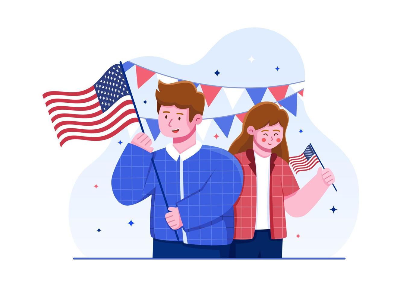 persone felici insieme che celebrano il giorno dell'indipendenza degli Stati Uniti con persone che tengono la bandiera nazionale americana. può essere utilizzato per biglietti di auguri, cartoline, banner, poster, stampa, web, social media, ecc. vettore