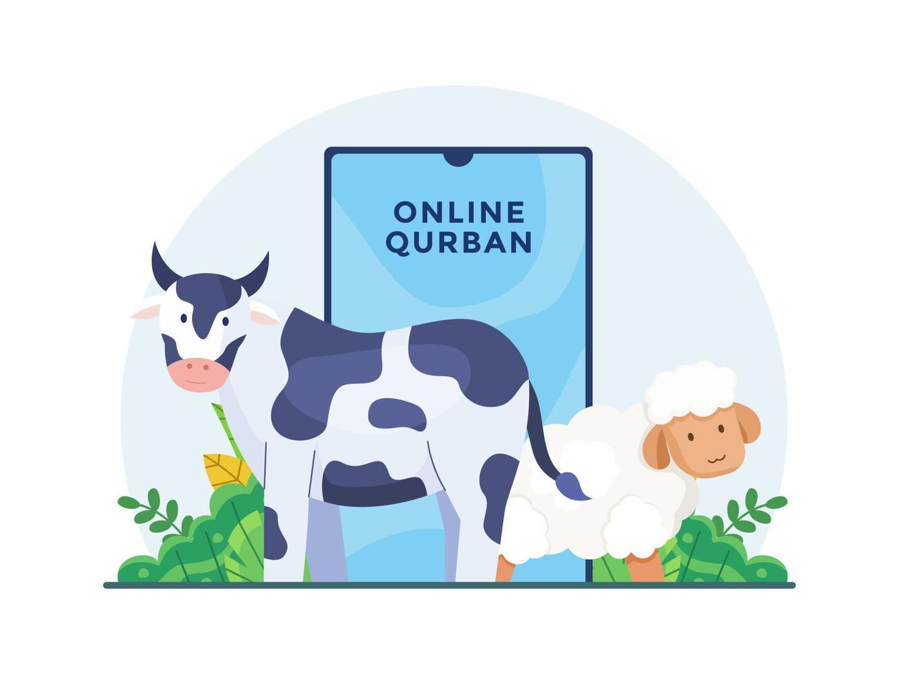 qurban online per celebrare l'illustrazione piatta vettoriale di eid al-adha. qurban con moderna applicazione mobile online. adatto per landing page, web, social media, infografica, ecc