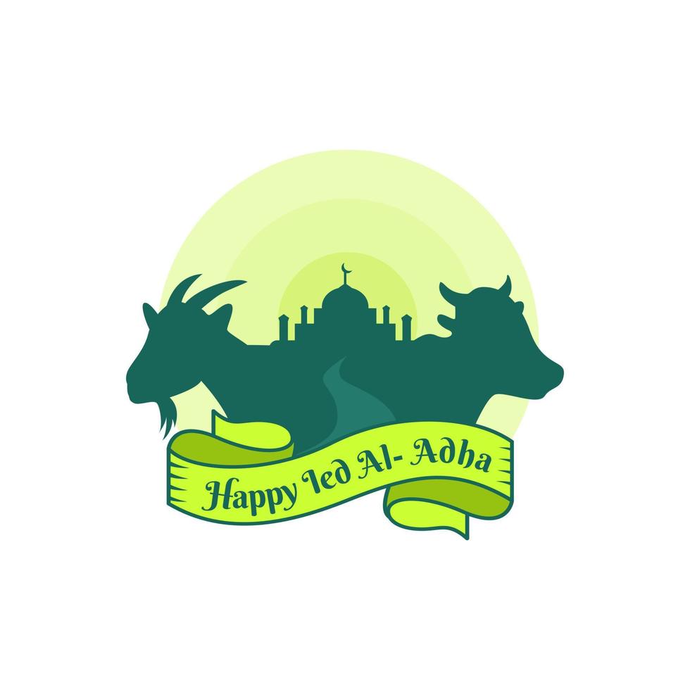 felice eid al-adha mubarak mucca capra moschea illustrazione vettoriale logo