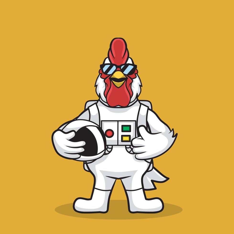 disegno del logo della mascotte del pollo dell'astronauta del fumetto vettore