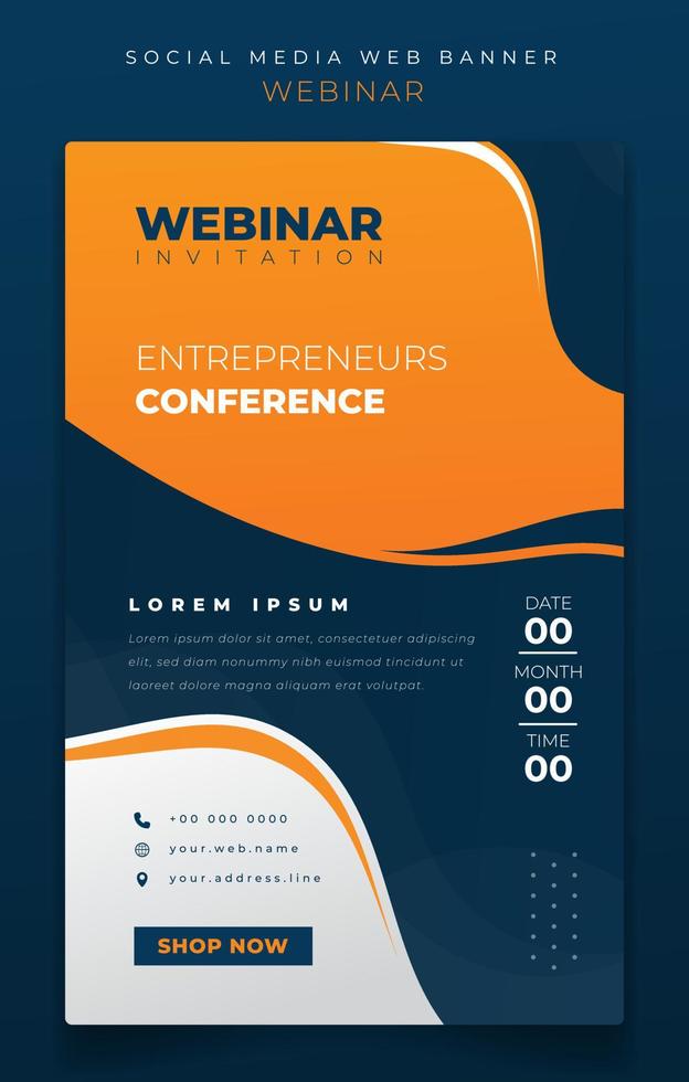 banner verticale in blu e giallo design di forme ondeggianti per il design dell'invito al webinar vettore