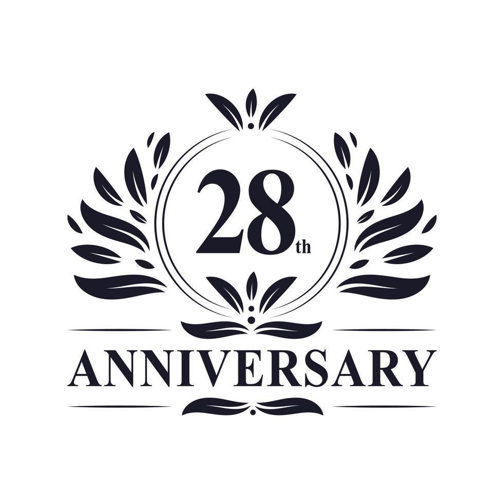 Celebrazione del 28° anniversario, lussuoso logo per 28 anni. vettore