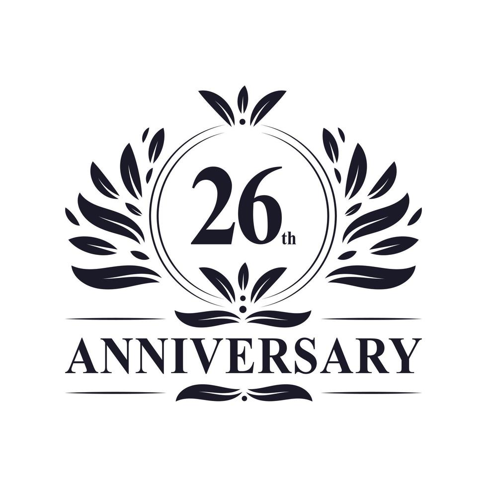 Celebrazione del 26° anniversario, lussuoso logo dell'anniversario di 26 anni. vettore