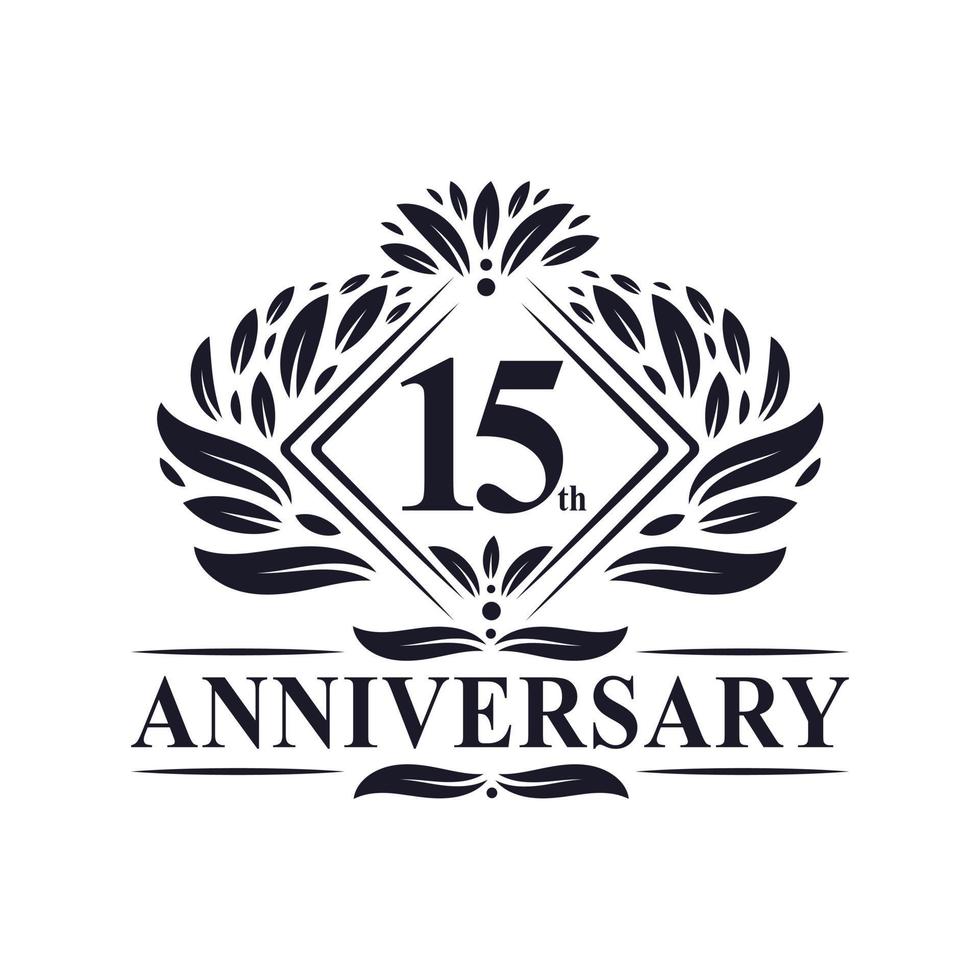 Logo dell'anniversario di 15 anni, logo floreale di lusso per il 15° anniversario. vettore