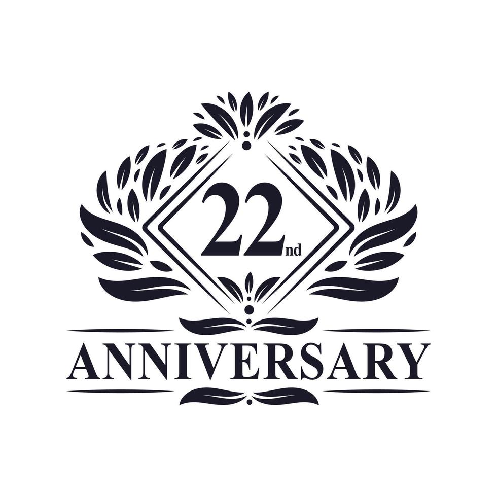 Logo dell'anniversario di 22 anni, logo floreale di lusso per il 22° anniversario. vettore