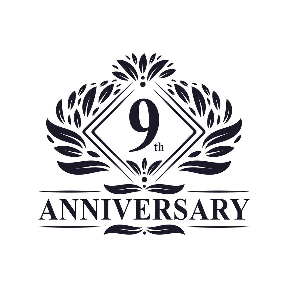 Logo dell'anniversario di 9 anni, logo floreale di lusso del 9° anniversario. vettore