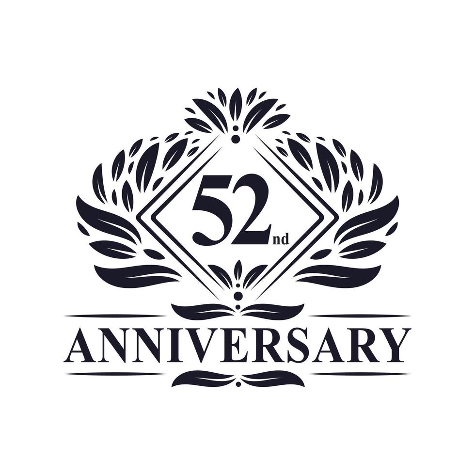 Logo dell'anniversario di 52 anni, logo floreale di lusso per il 52° anniversario. vettore