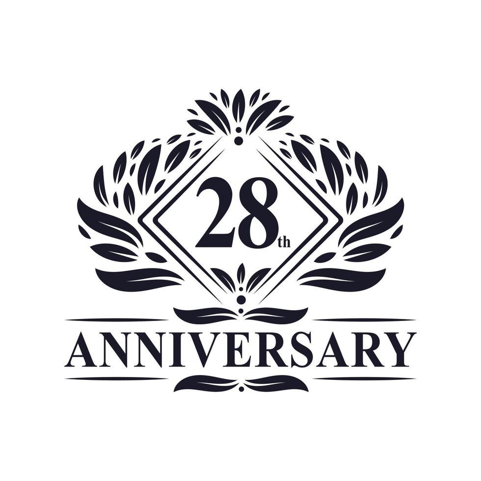 Logo dell'anniversario di 28 anni, logo floreale di lusso per il 28° anniversario. vettore