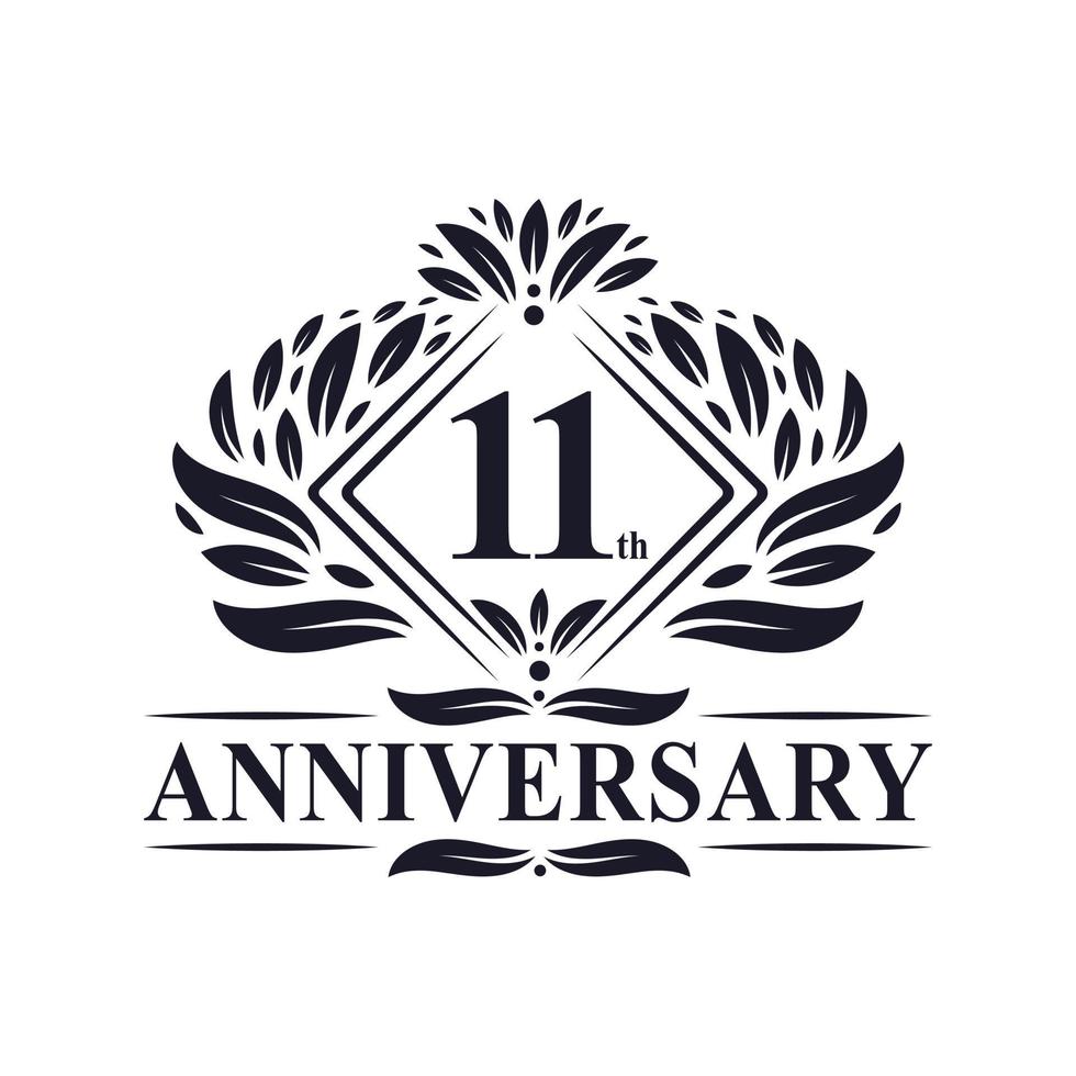 Logo dell'anniversario di 11 anni, logo floreale di lusso dell'undicesimo anniversario. vettore