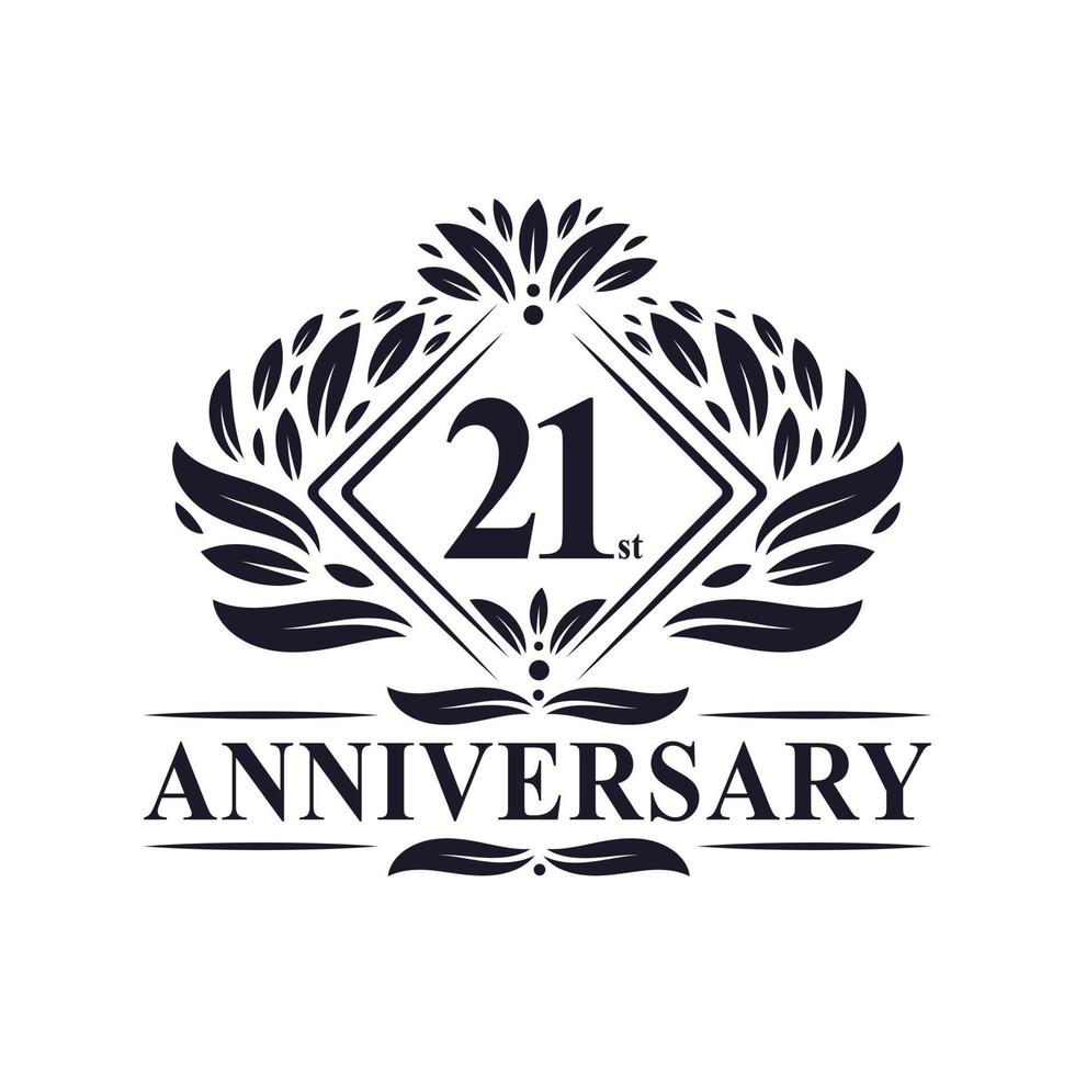 Logo dell'anniversario di 21 anni, logo floreale di lusso per il 21° anniversario. vettore