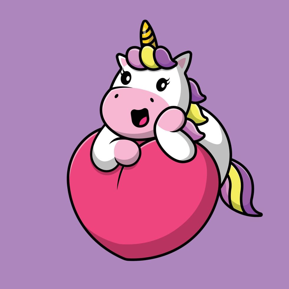 carino unicorno sul cuore amore cartone animato icona vettore illustrazione. icona animale concetto isolato vettore premium
