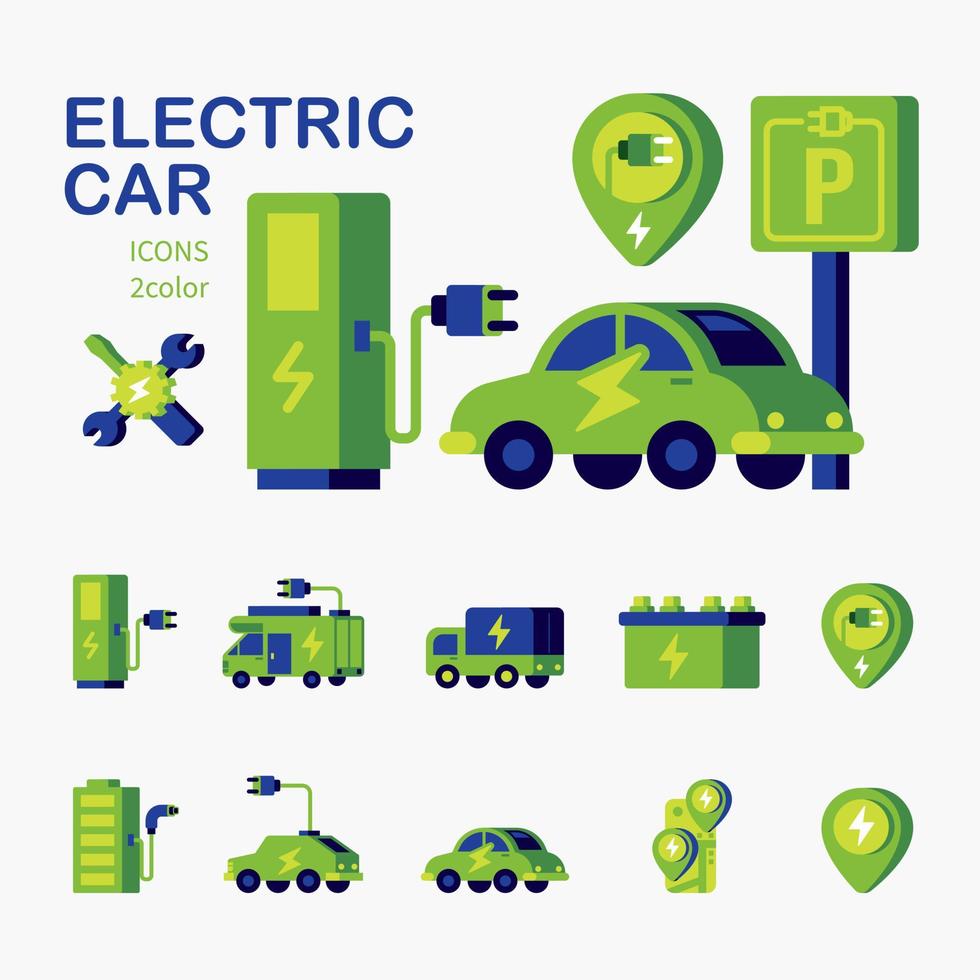 set di icone piatte per veicoli elettrici con stazione di ricarica per auto elettriche ecologiche. vettore