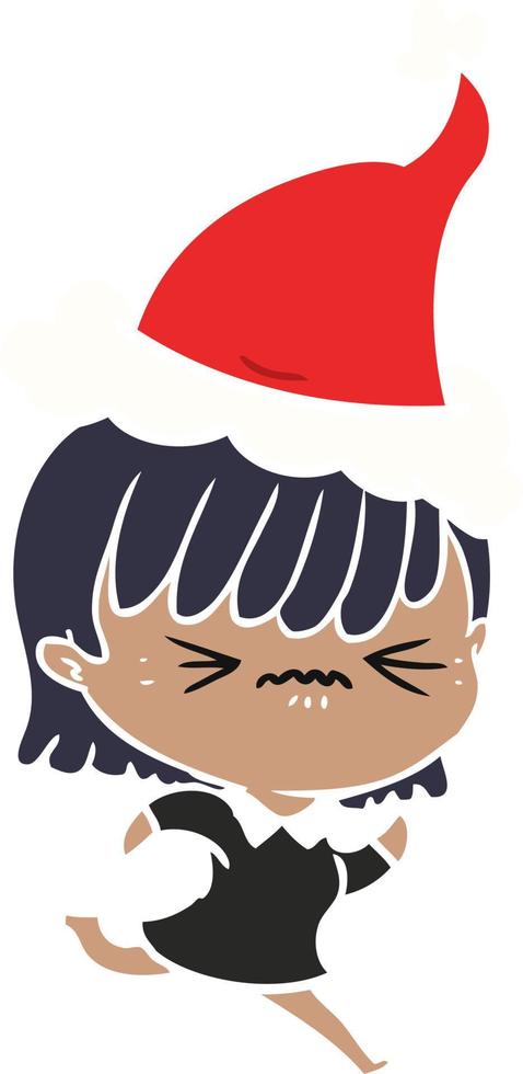 illustrazione a colori piatta infastidita di una ragazza che indossa un cappello da Babbo Natale vettore