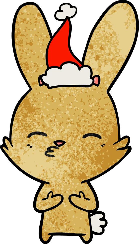 cartone animato con texture coniglietto curioso di un cappello da Babbo Natale da portare vettore