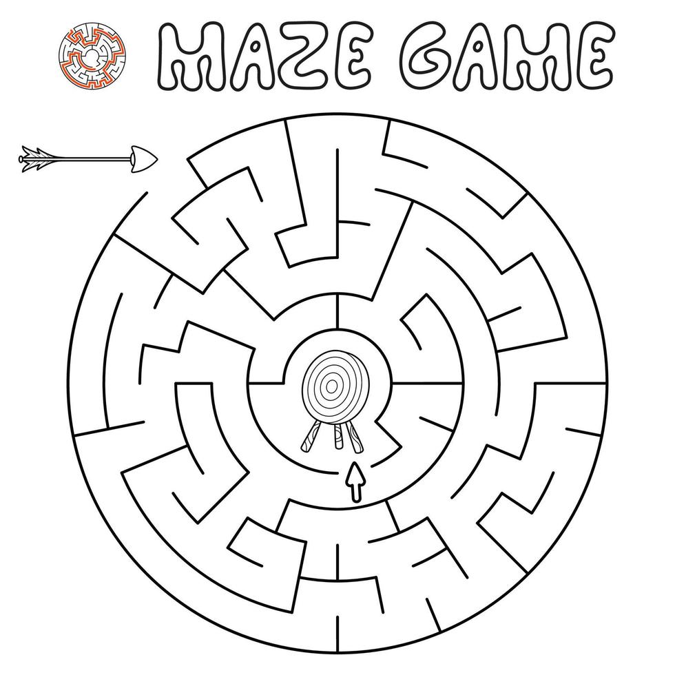 gioco di puzzle labirinto per bambini. contorno labirinto o gioco del labirinto con freccia e bersaglio. vettore