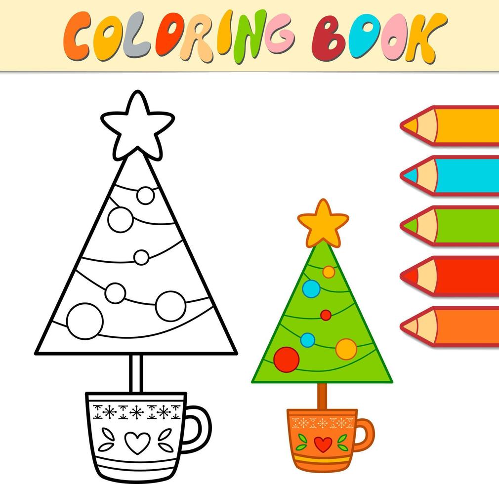 libro da colorare o pagina da colorare per bambini. albero di natale in bianco e nero vettore