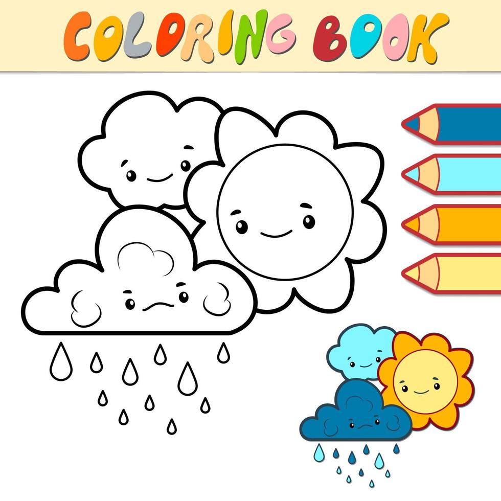 libro da colorare o pagina per bambini. sole e nuvola vettore in bianco e nero