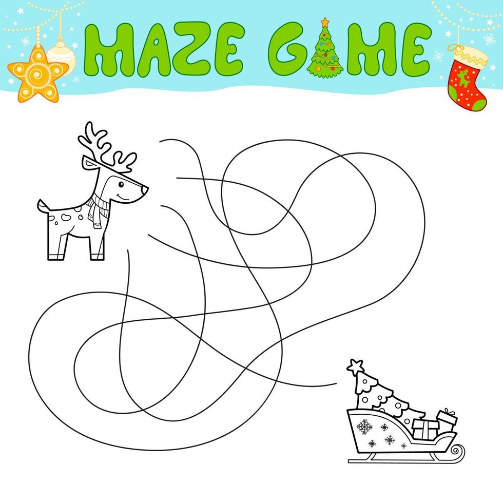 gioco di puzzle labirinto di natale per bambini. contorno labirinto o labirinto. trova il gioco del percorso con la slitta di Natale e le renne. vettore