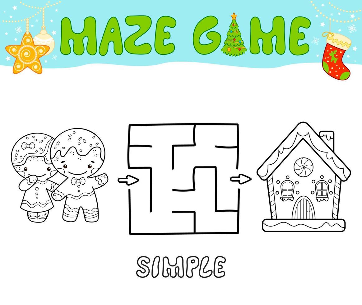 gioco di puzzle labirinto di natale per bambini. semplice labirinto di contorni o gioco del labirinto con l'omino di pan di zenzero di natale e la casa di marzapane. vettore