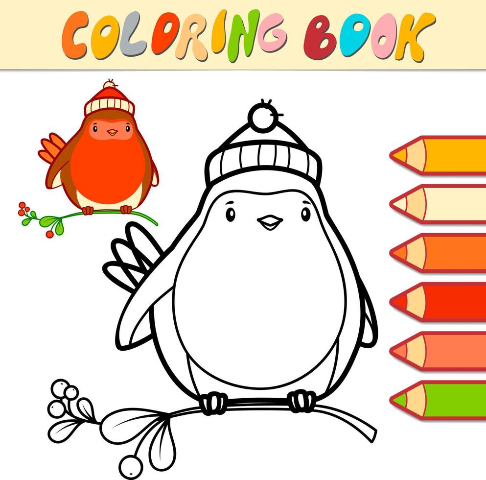 libro da colorare o pagina da colorare per bambini. vettore in bianco e nero dell'uccello di natale