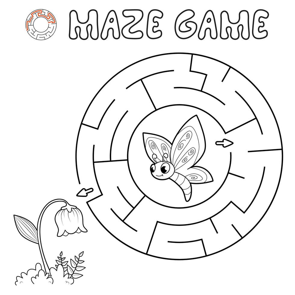 gioco di puzzle labirinto per bambini. contorno cerchio labirinto o gioco a labirinto con farfalla e fiore. vettore