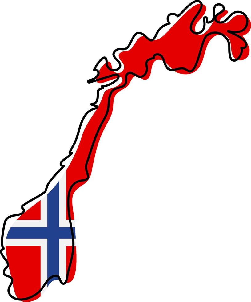 mappa stilizzata della Norvegia con l'icona della bandiera nazionale. mappa a colori della bandiera dell'illustrazione vettoriale della Norvegia.