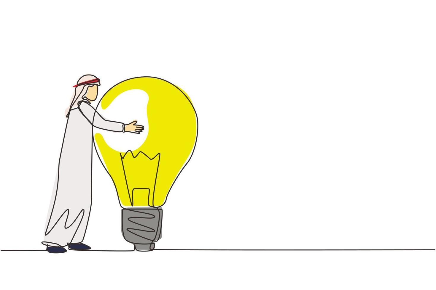 singolo disegno a tratteggio felice uomo d'affari arabo abbraccia una grande lampadina. maschio con lampadina idea luce. successo aziendale, creatività, ispirazione, avvio di attività. illustrazione vettoriale di disegno a linea continua