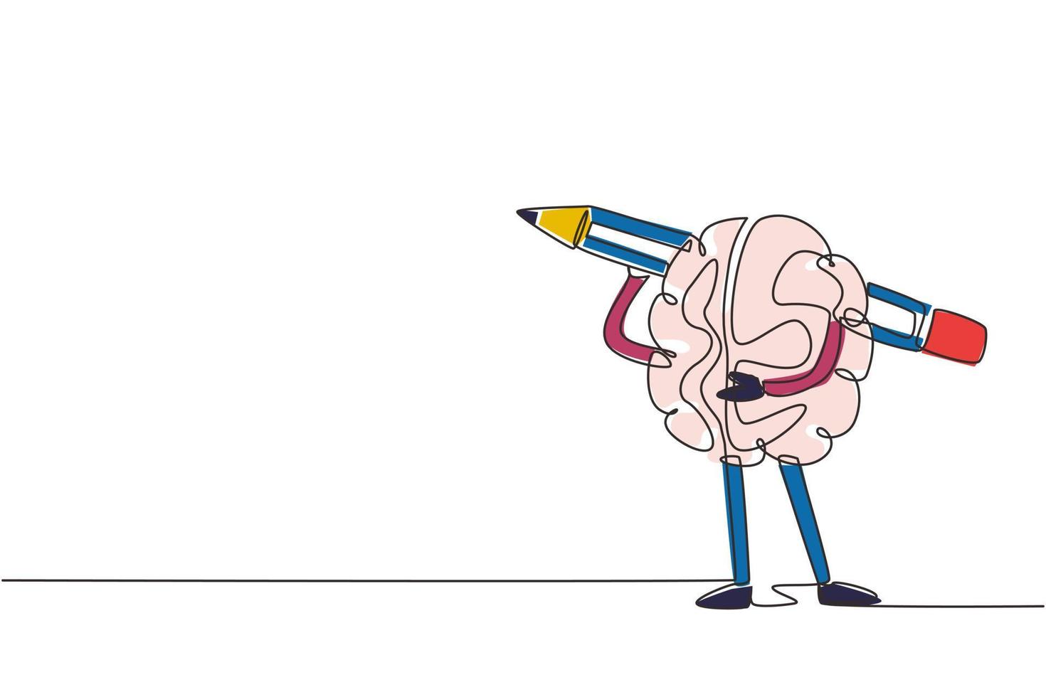 una linea continua disegnando il cervello umano dello studente intelligente con una matita sulla spalla. logo della narrazione, icona dello scrittore. formazione del concetto di abilità di scrittura. vettore di disegno a linea singola